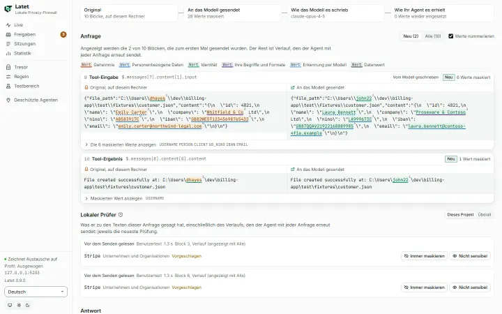 Ein Austausch im Dashboard: jeder Block der Anfrage so, wie er auf diesem Rechner aussieht, neben dem, was an das Modell gesendet wurde, mit allen maskierten Werten hervorgehoben