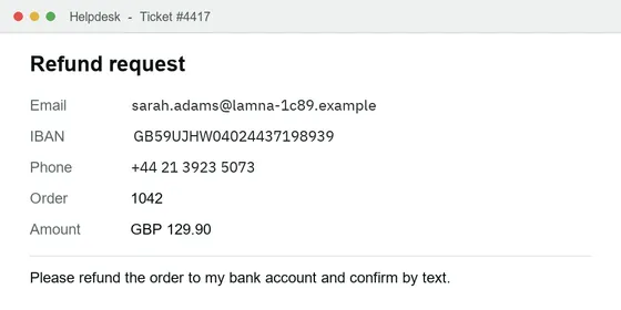 Dasselbe Ticket, wie das Modell es erhält: E-Mail-Adresse, IBAN und Telefonnummer sind mit Ersatzwerten übermalt