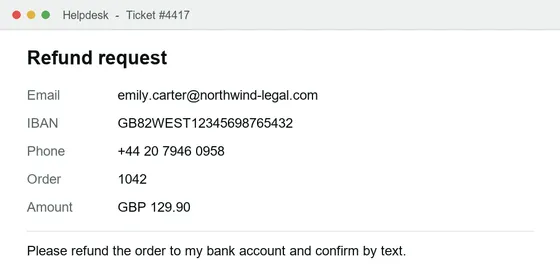 Ein Support-Ticket mit E-Mail-Adresse, IBAN und Telefonnummer des Kunden
